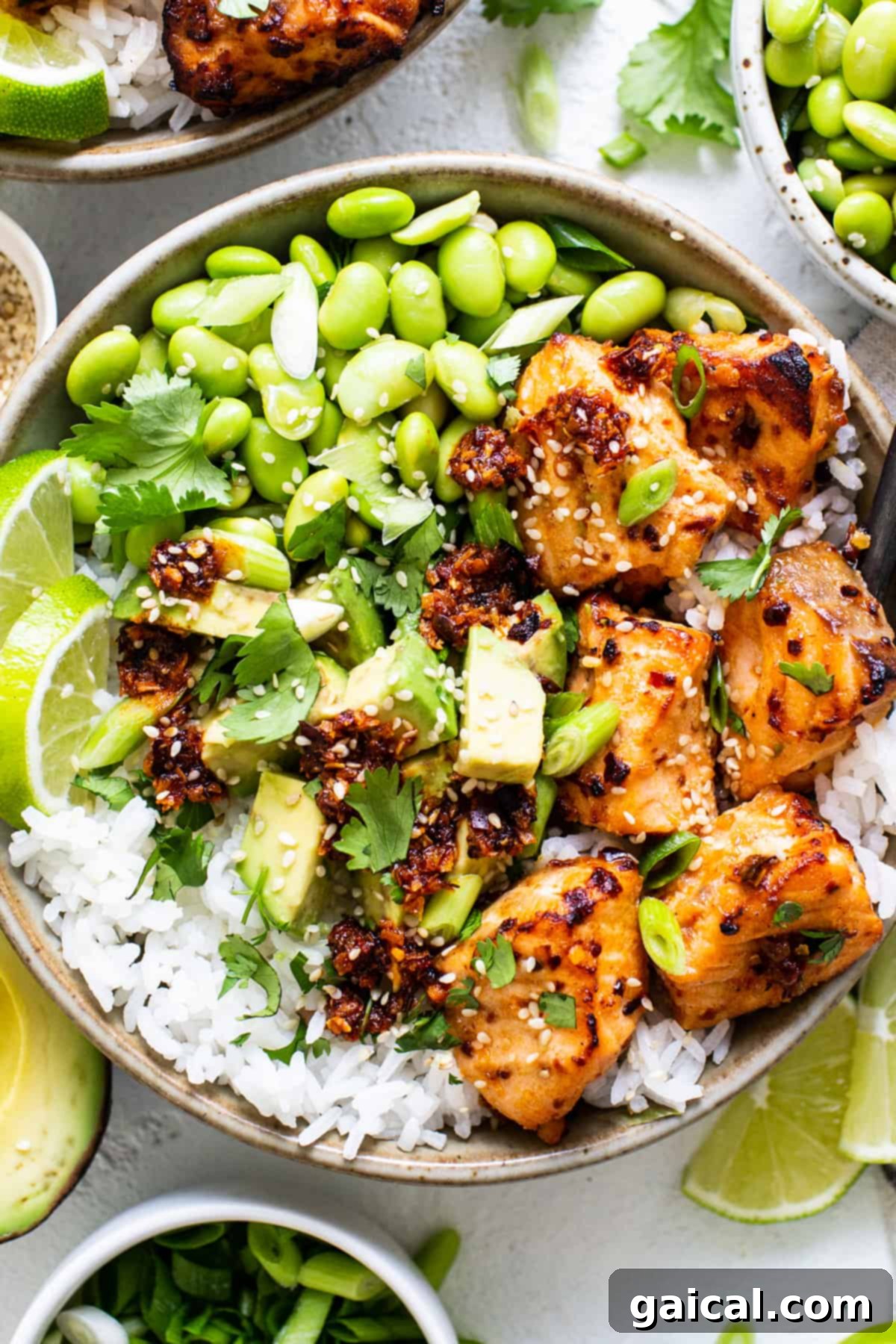 Golden Honey Chili Air Fryer Salmon Bites 6 Another enticing view of a full salmon bowl, showcasing the rich colors and inviting textures of the meal, ready for enjoyment.