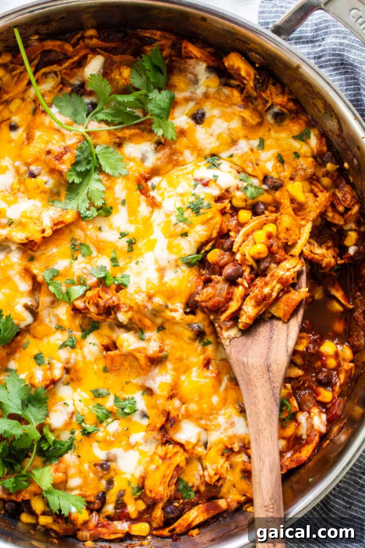 Mexican chicken enchilada in a pan with a wooden spoon, garnished with fresh cilantro.