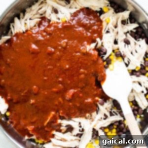 Mexican chicken in a skillet, coated in a rich red sauce with corn and beans, simmering on the stove.