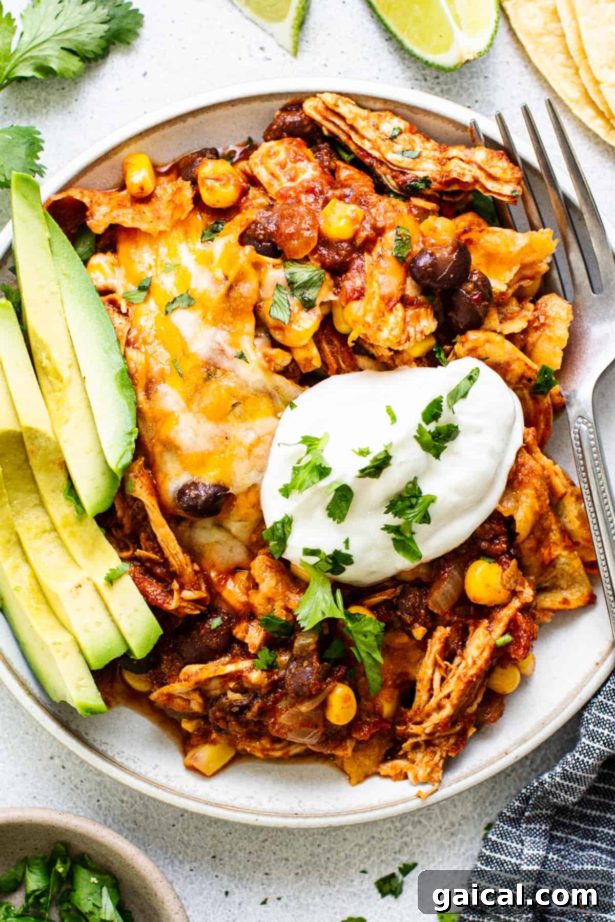 A serving of Mexican chicken enchilada skillet on a white plate, topped with fresh sour cream, avocado, and cilantro.