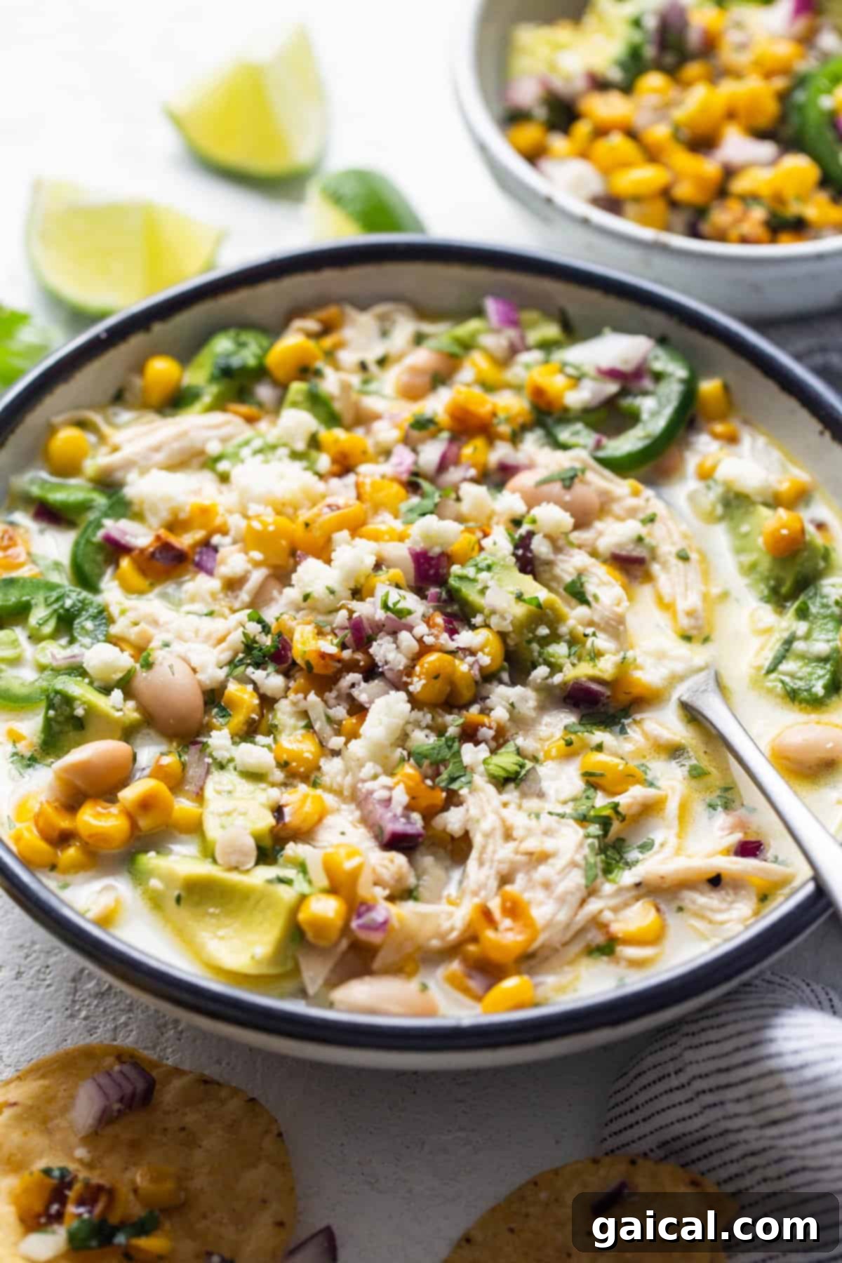A beautifully presented bowl of Street Corn Chicken Chili, generously topped with fresh cilantro, crumbled cotija cheese, and served with a side of crispy tortilla chips, inviting you to dig in and enjoy this comforting fall meal.
