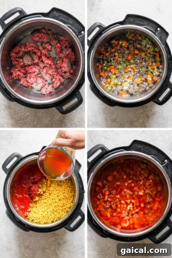 Skillet Ground Beef Pasta 4 A series of step-by-step photos demonstrating how to prepare Instant Pot Hamburger Helper, from browning beef to adding vegetables and sauce.