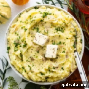 A serving of whipped cottage cheese mashed potatoes, garnished with fresh herbs, ready for serving.