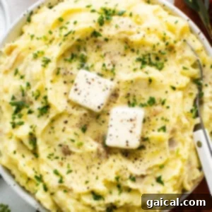 A bowl of mashed potatoes with cheese and herbs, showcasing the creamy texture.