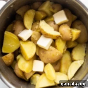 Cooked potatoes and butter in a pot, ready for mashing.