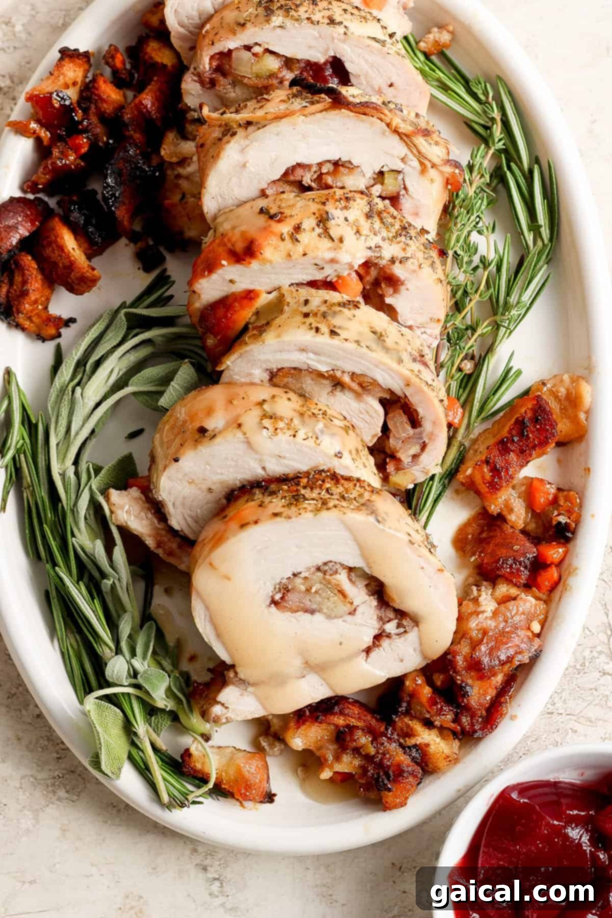 Festive Turkey Roulade with Hearty Italian Sausage Stuffing 2 Beautifully roasted turkey roulade, sliced and garnished with fresh cranberries and sage on a platter.