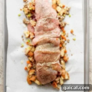 A baking sheet with a neatly rolled and tied turkey roulade, positioned on a bed of extra stuffing.