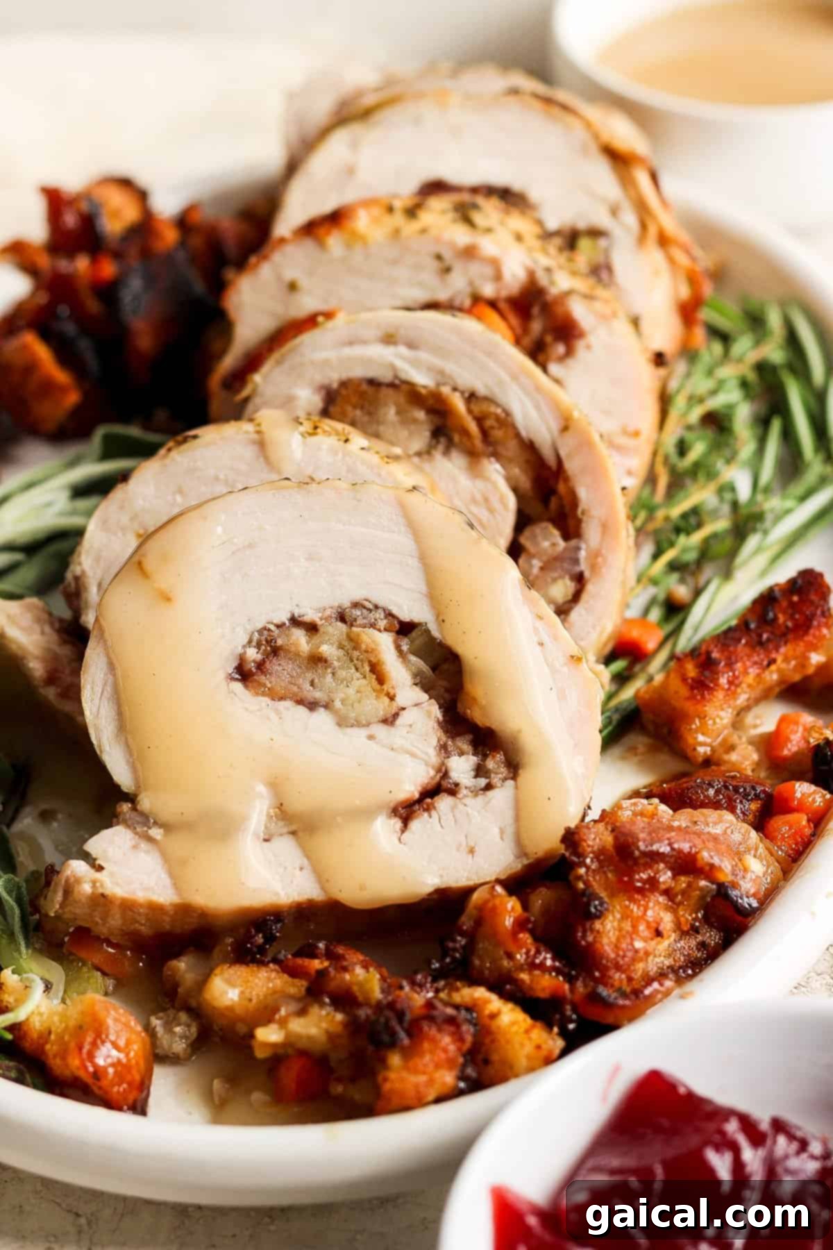 Festive Turkey Roulade with Hearty Italian Sausage Stuffing 6 A roasted turkey roulade, generously stuffed with cranberries and savory filling, ready to be carved and served at Thanksgiving.
