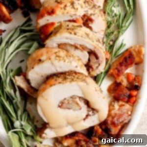 Roasted turkey roulade stuffed with sage and thyme, garnished with fresh herbs.