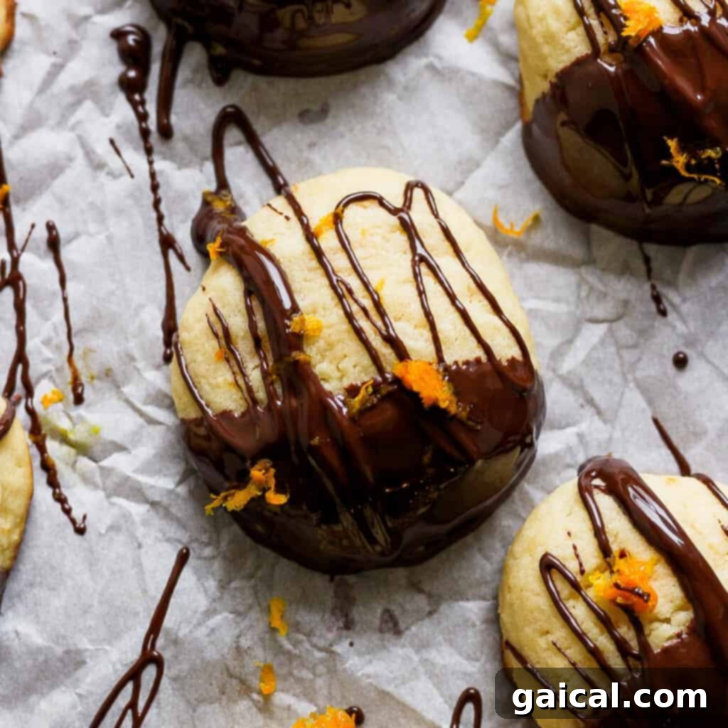 Delicious chocolate orange ricotta cookies topped with melted chocolate and fresh orange zest, ready to be enjoyed.