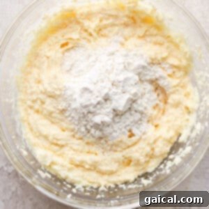 Flour being slowly added to the wet cookie dough mixture in a bowl, demonstrating the final step of combining ingredients.