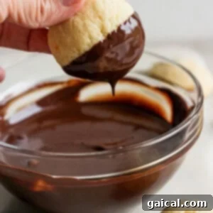 A hand dipping a freshly baked cookie into a bowl of glossy melted dark chocolate, showcasing the dipping process.
