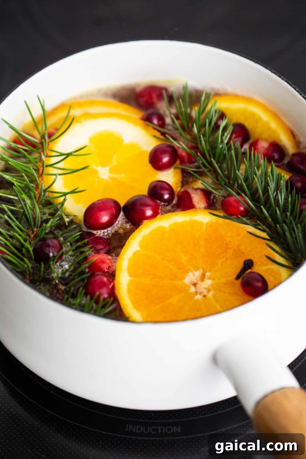 Cozy Holiday Aroma Pot 5 A close-up shot of a pot filled with vibrant orange slices, bright red cranberries, and green fir sprigs, gently simmering on a stove, creating a beautiful and fragrant holiday atmosphere.