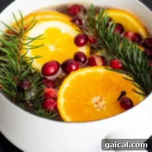 A pot gently simmering with oranges, cranberries, and sprigs of fir, releasing a delightful holiday aroma.