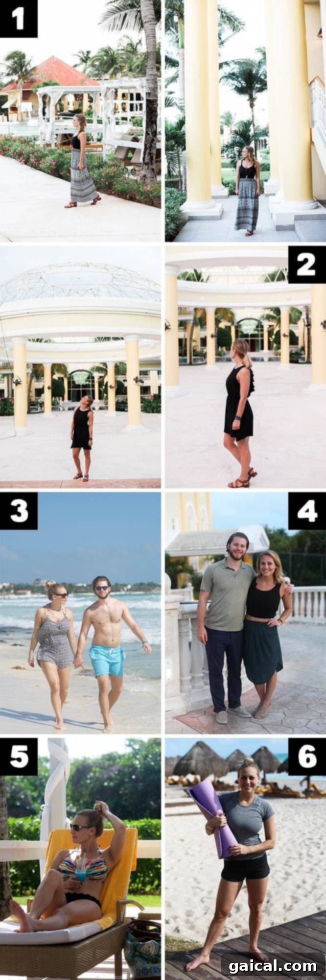 A collage of stylish vacation outfits worn during the trip, showcasing different looks for various activities.
