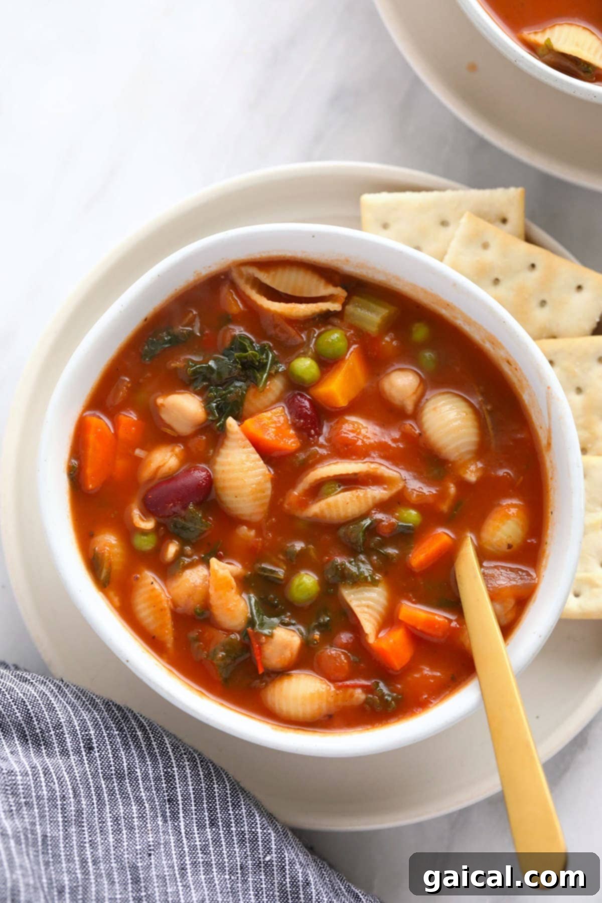 Make this vegetable packed minestrone soup and eat it all week long! A beautifully presented bowl of minestrone soup with a side of crispy crackers, inviting diners to enjoy its hearty goodness.