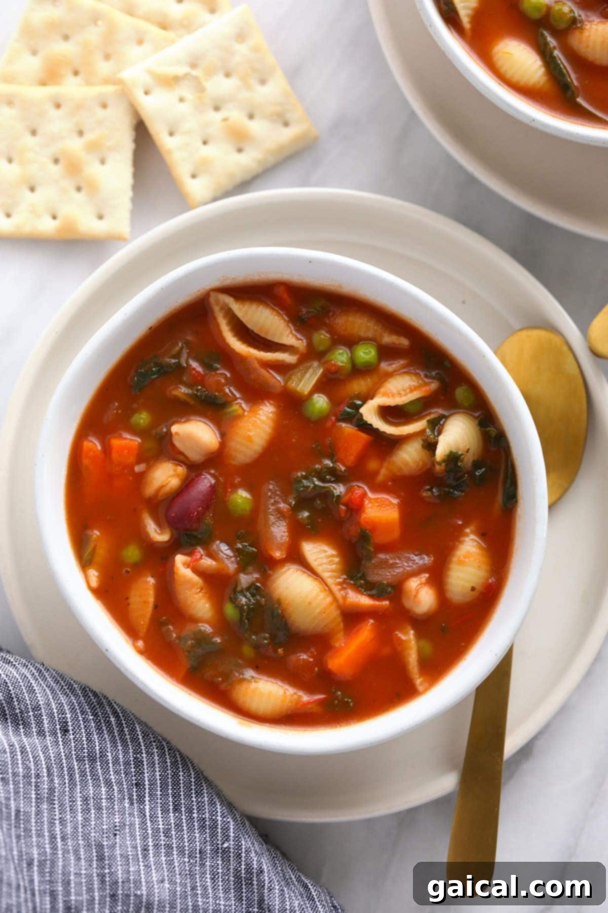 Make this vegetable packed minestrone soup and eat it all week long! A perfectly portioned bowl of classic minestrone soup, garnished with fresh herbs, ideal for a family dinner or serving guests.