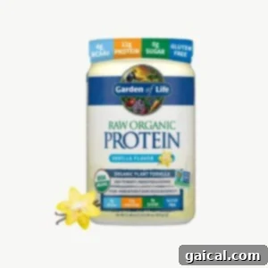 Plant-based protein powder packaging.