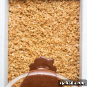 A stream of rich chocolate sauce being poured over the crispy base in a baking dish, creating an even layer.