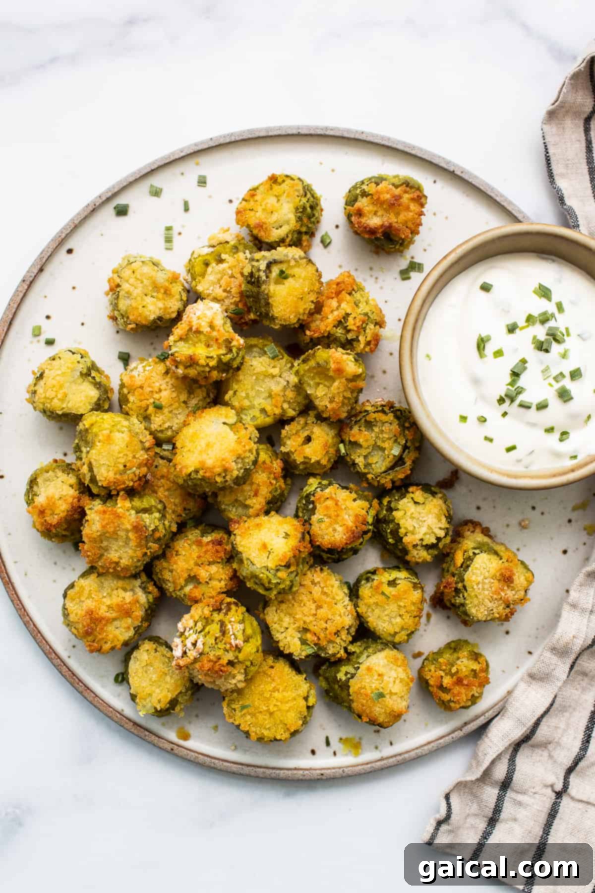 A plate piled high with golden-brown, crispy air fryer pickles and a small bowl of creamy, tangy dipping sauce.