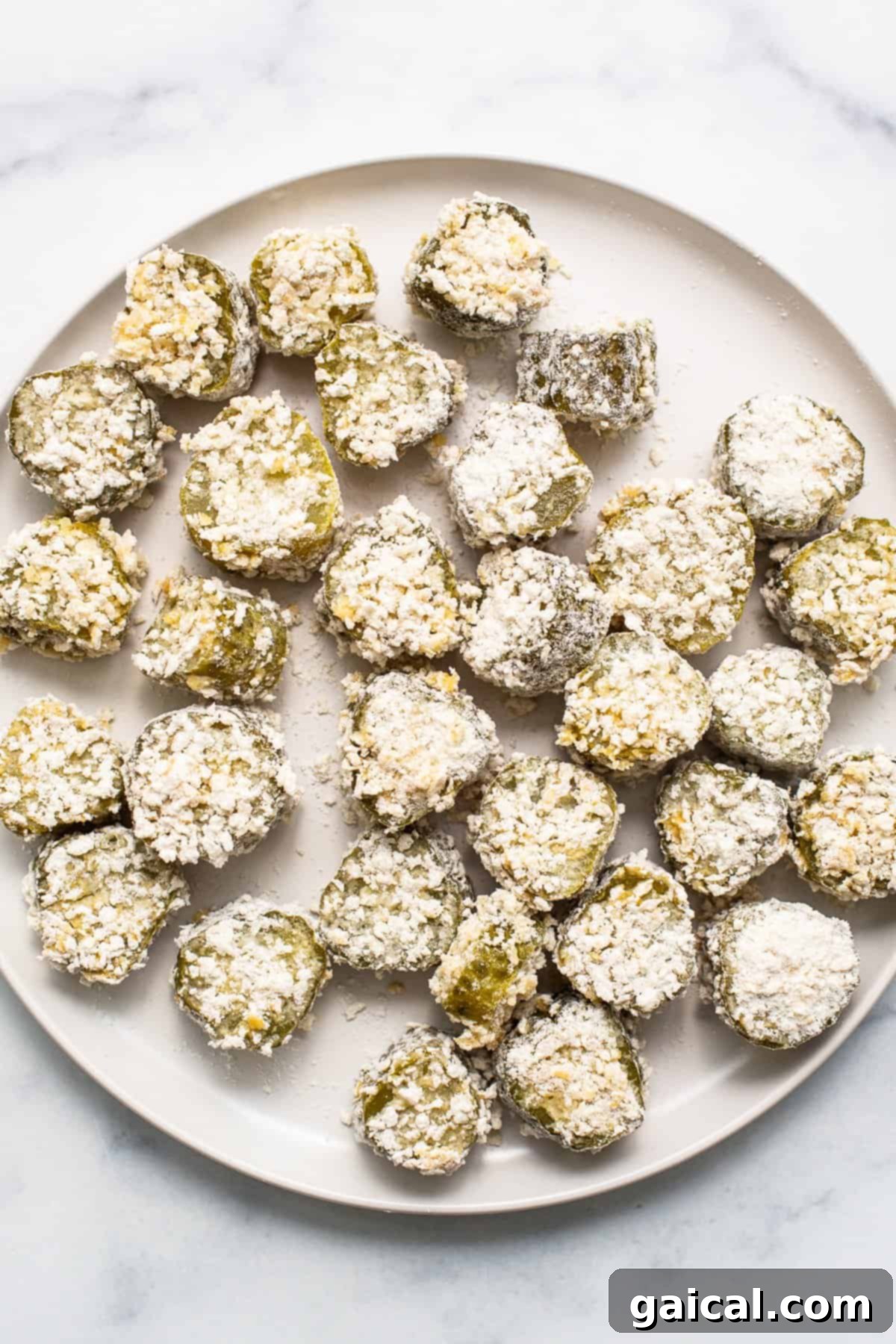 A neatly arranged plate of golden, crispy air fryer pickle rounds, perfectly cooked and ready for serving with a side of dipping sauce.