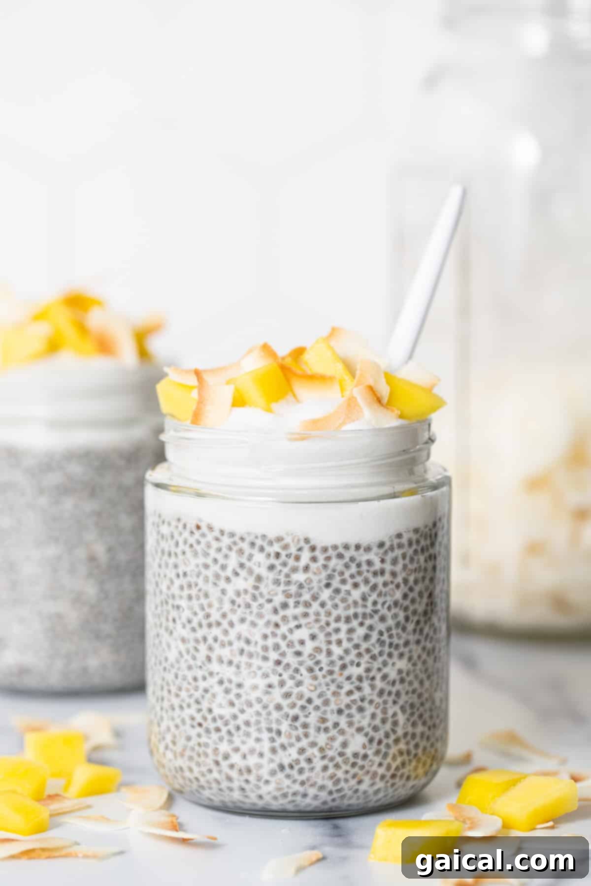 Dreamy Protein Coconut Cream Pie Chia Pudding 2 Two jars of protein-packed coconut cream pie chia pudding, topped with coconut whip and toasted coconut chips, sitting on a marble counter.