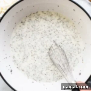 Dreamy Protein Coconut Cream Pie Chia Pudding 9 A person whisking chia seeds into a bowl, demonstrating the mixing of ingredients for the pudding.