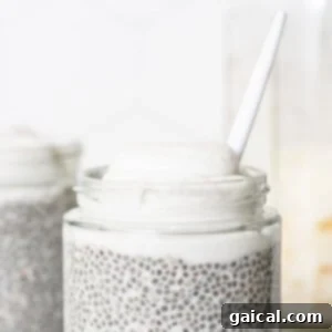 Dreamy Protein Coconut Cream Pie Chia Pudding 11 A single jar of chia pudding, topped with coconut whip and a spoon, ready to be enjoyed.