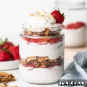 Creamy Protein Strawberry Cheesecake Jars 10 Strawberry granola parfait in a mason jar.