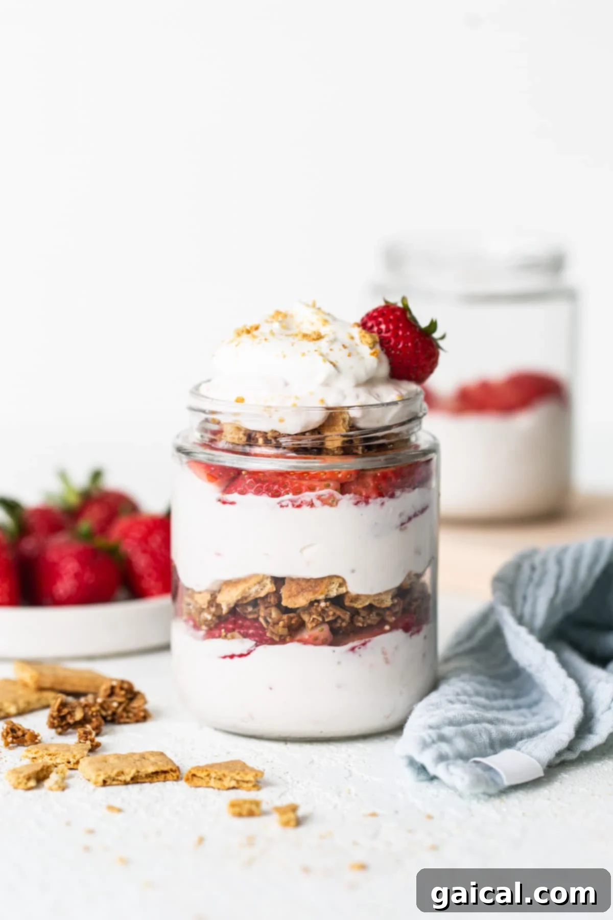 Creamy Protein Strawberry Cheesecake Jars 6 Strawberry granola parfait in a jar.