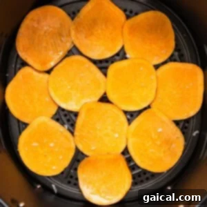 Sweet potato chips thinly sliced and arranged in an air fryer basket, ready to be cooked.