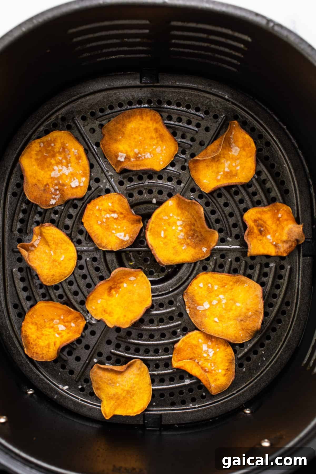 The inside of an air fryer basket filled with perfectly golden and crispy sweet potato chips, indicating they are almost ready.