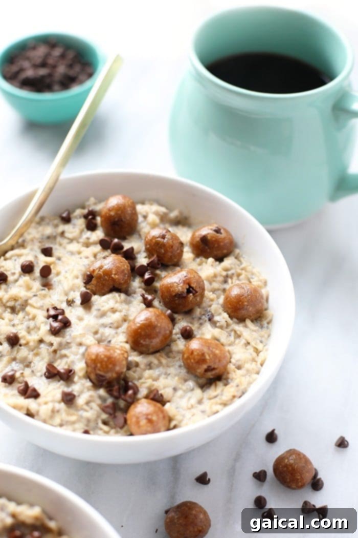 A stunning shot of a large bowl of vegan Chocolate Chip Cookie Dough Oatmeal, adorned with a generous amount of chocolate chips and a few cookie dough bites, signifying a delicious and wholesome breakfast.