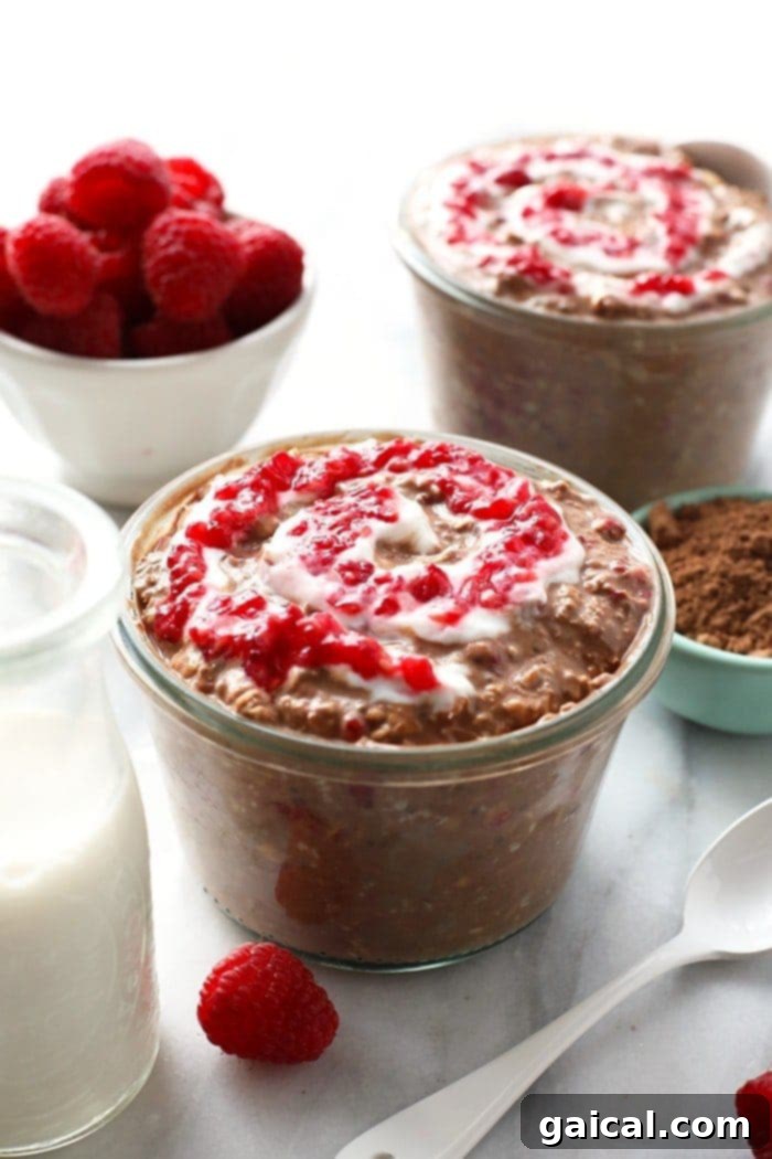 Raspberry Ripple Chocolate Overnight Oats 2 Nothing like cheesecake for breakfast. This Chocolate Raspberry Cheesecake Overnight Oatmeal recipe is prepped in less than 5 minutes so that you can have a healthy breakfast ready to go in seconds in the AM.