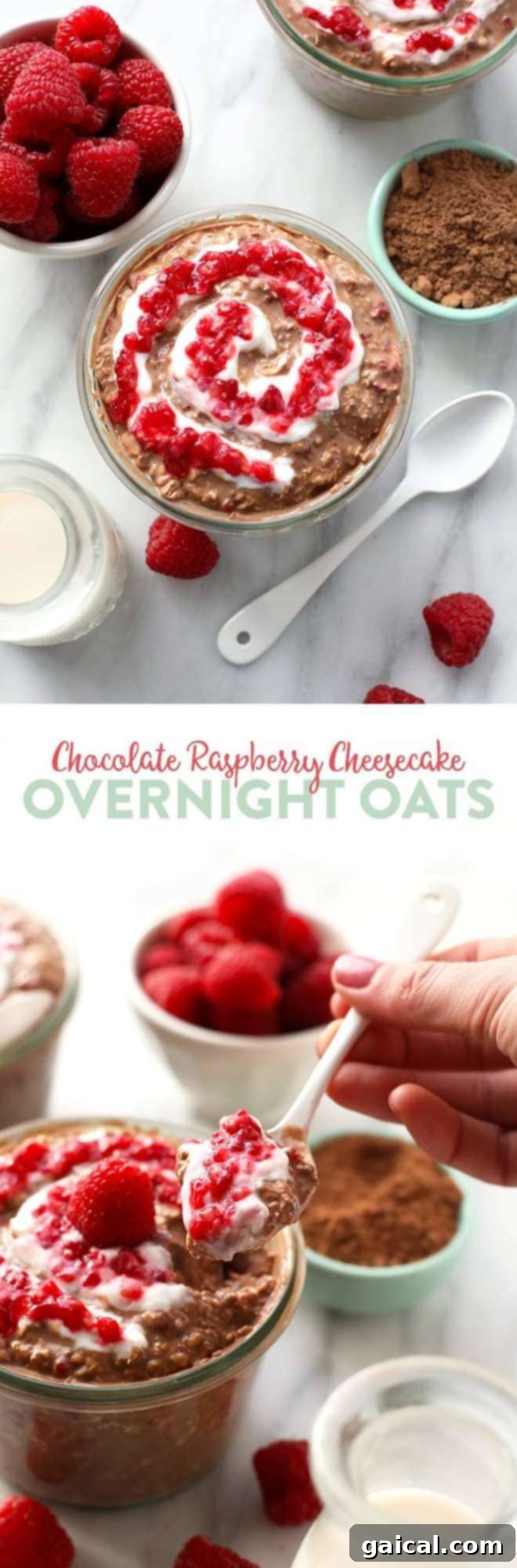 Raspberry Ripple Chocolate Overnight Oats 6 Nothing like cheesecake for breakfast. This Chocolate Raspberry Cheesecake Overnight Oatmeal recipe is prepped in less than 5 minutes so that you can have a healthy breakfast ready to go in seconds in the AM.