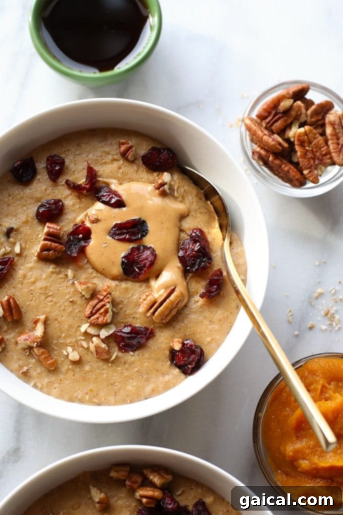 Creamy Pumpkin Pie Slow Cooker Oatmeal generously topped with cranberries and pecans, embodying the cozy essence of fall.