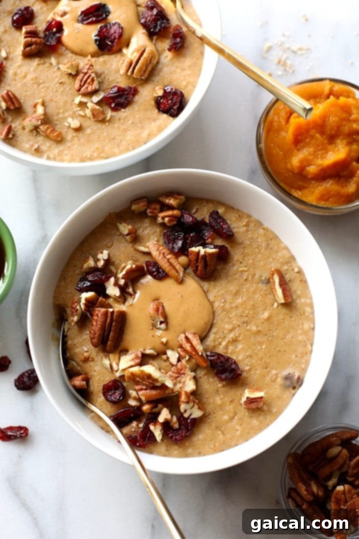 A closer look at a bowl of creamy Pumpkin Pie Slow Cooker Oatmeal, featuring its rich texture and warm color, ready for a delightful fall breakfast.