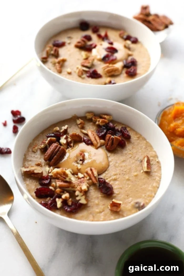 A vibrant bowl of Pumpkin Pie Slow Cooker Oatmeal, exquisitely garnished with a medley of healthy toppings, showcasing its inviting texture and warmth.