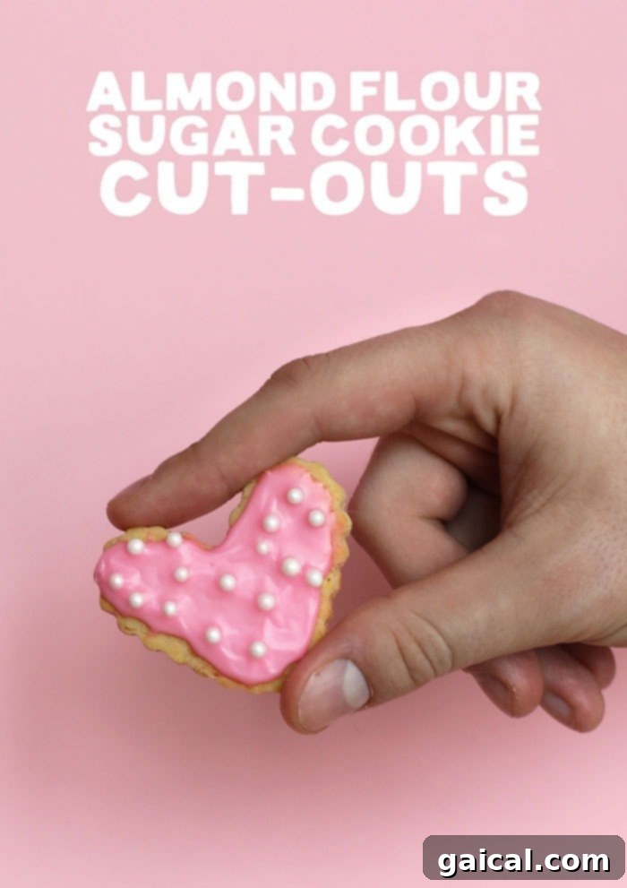 Our healthy sugar cookies are made with the base of almond flour and coconut flour and are sweetened with honey. That's right, no white sugar involved! A beautifully frosted healthy sugar cookie with pink icing and sprinkles.
