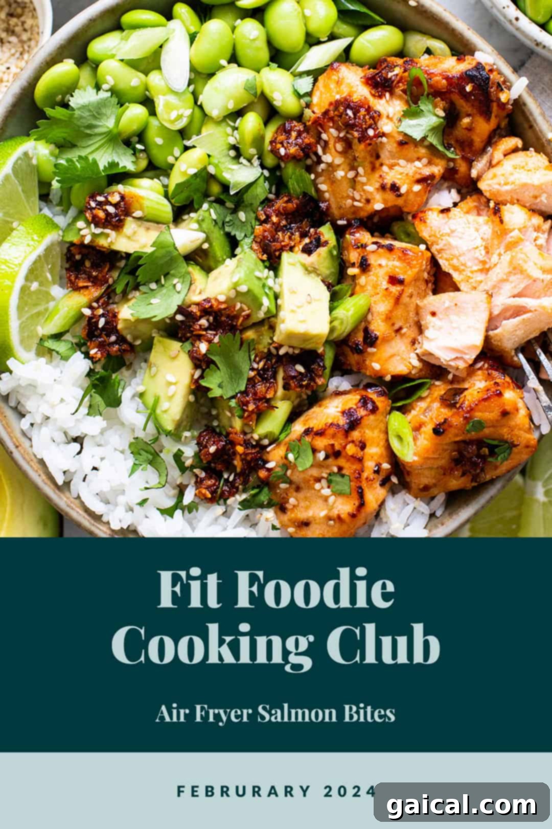 A vibrant bowl of Honey Chili Crunch Air Fryer Salmon Bites, ready to be enjoyed as part of the Fit Foodie Cooking Club challenge.