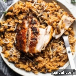 Chicken risotto with mushrooms and thyme on a plate.