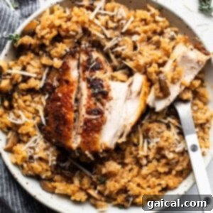 A bowl of rice with chicken and mushrooms.