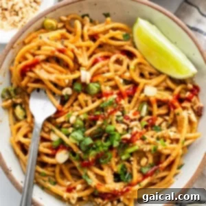 Thai peanut noodles in a bowl with lime and peanuts.