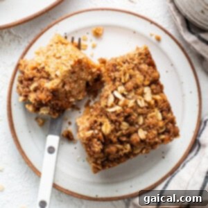 Spiced Carrot Coffee Cake 7 A slice of oatmeal coffee cake on a plate with a fork.