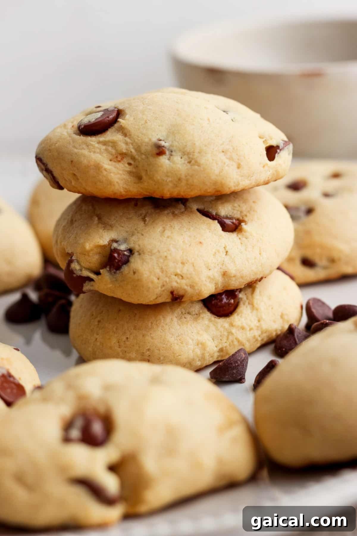 A perfectly arranged stack of freshly baked chocolate chip cookies on a pristine white plate, showcasing their soft centers and crisp edges, ready to be enjoyed.