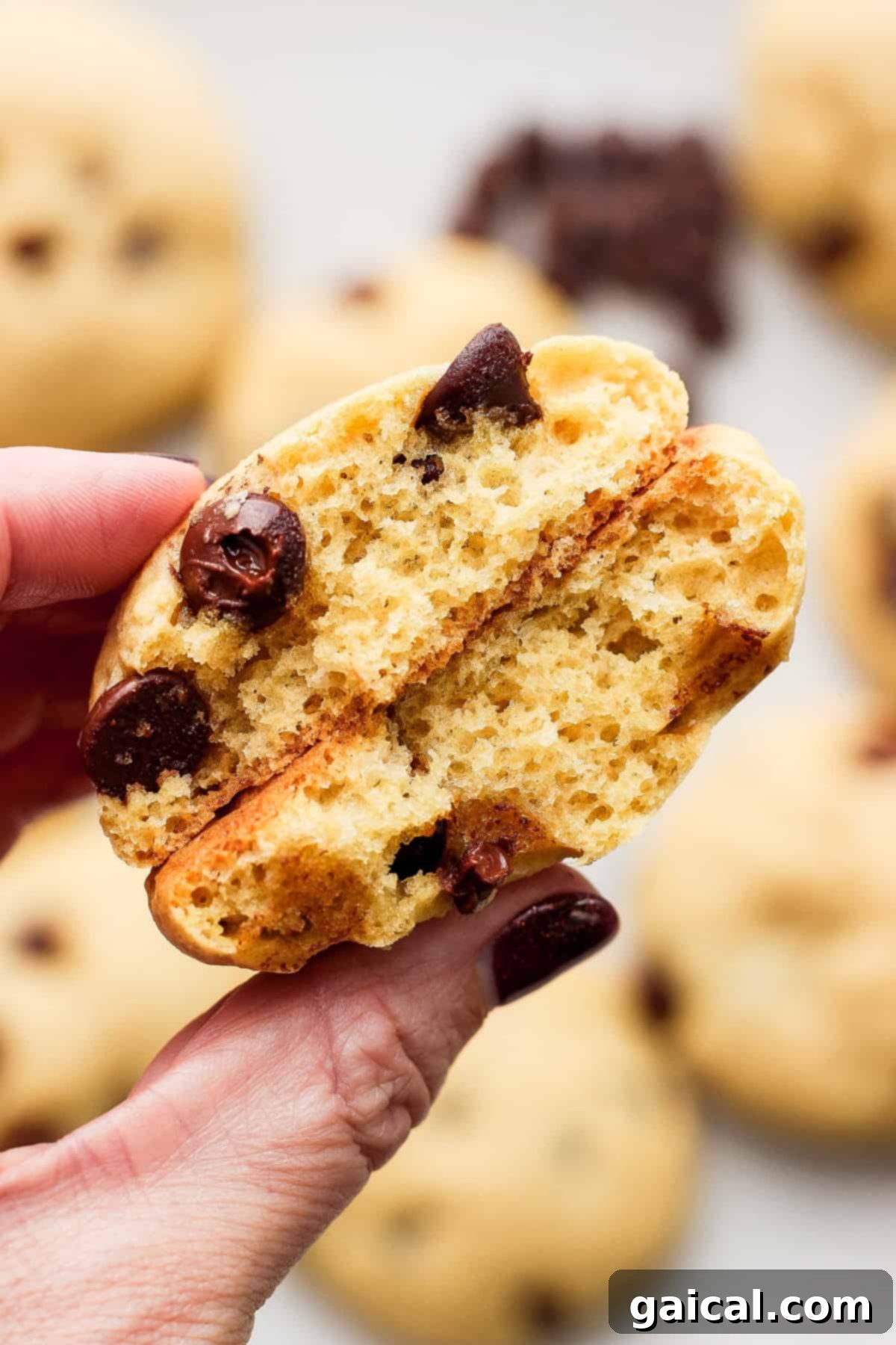 A hand gently holding a freshly baked cottage cheese chocolate chip cookie with a single bite taken out, revealing its soft and tender interior texture.