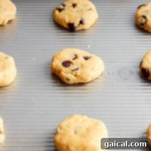 Rows of perfectly scooped chocolate chip cookies arranged on a parchment-lined baking sheet, ready to go into the oven.