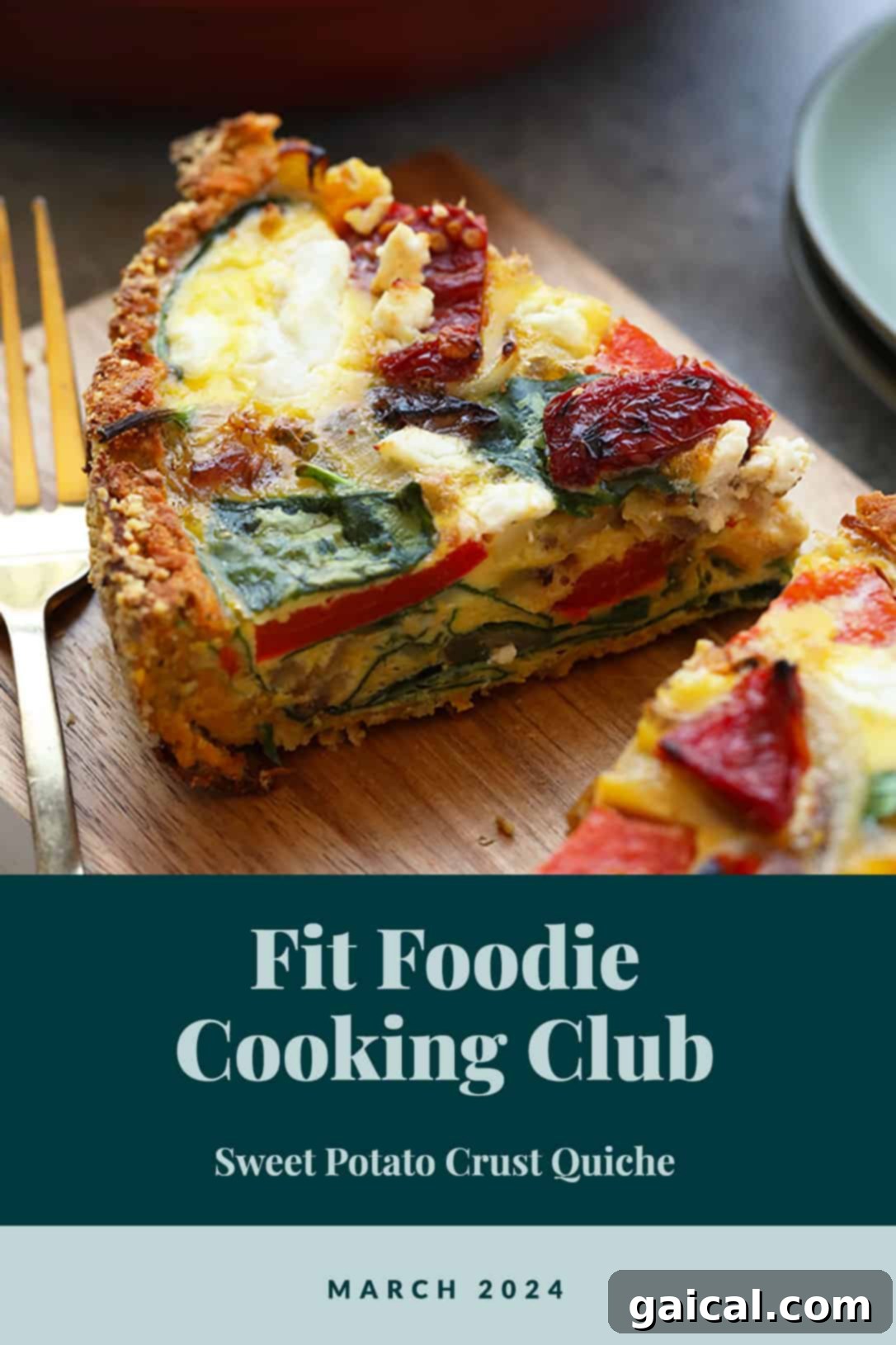 Vibrant Eats Collective: March 2024 2 A slice of sweet potato crust quiche garnished with spinach and red peppers, presented as part of the fit foodie cooking club for march 2024.