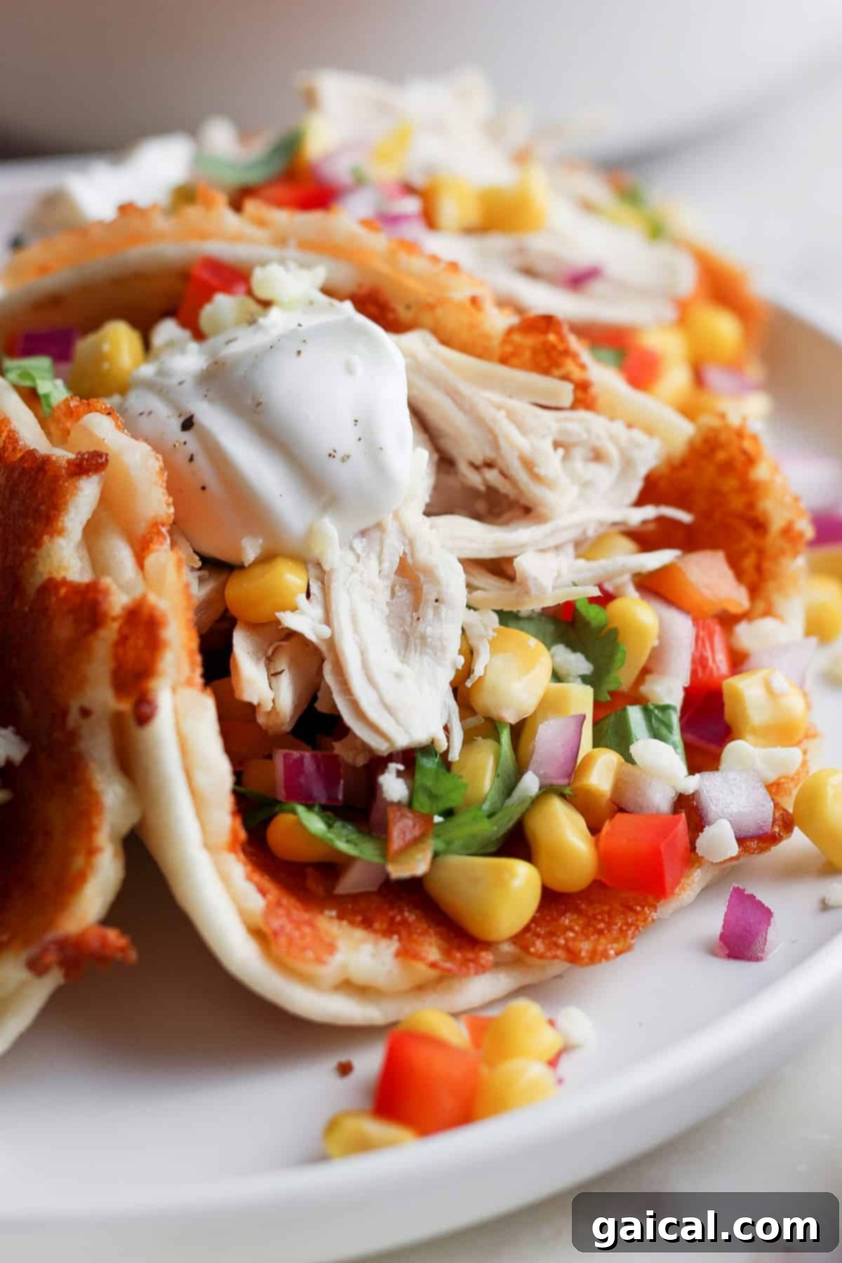 Zesty Cotija Chicken Tacos 5 Plate with chicken tacos garnished with corn, diced tomatoes, onions, fresh cilantro, and a dollop of sour cream.