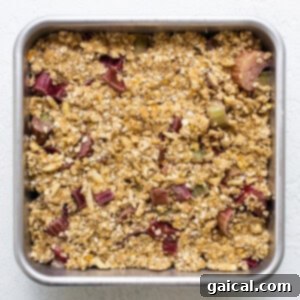 A metal baking pan filled with a half-assembled rhubarb crisp, showing the fruit filling topped with the oat crumble.